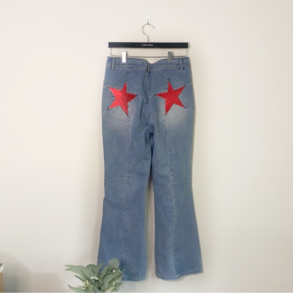 Nasty Gal Light Blue Flare Jeans with Red Star Accents - Picture 6 of 8